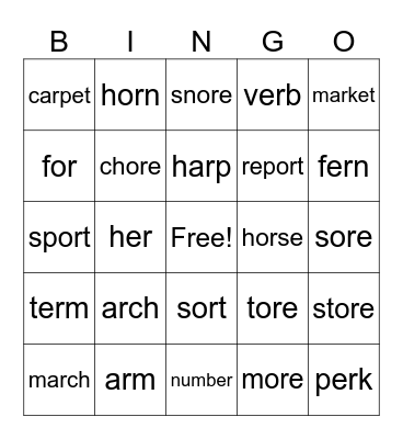 Ar, or, ore, and er Bingo Card