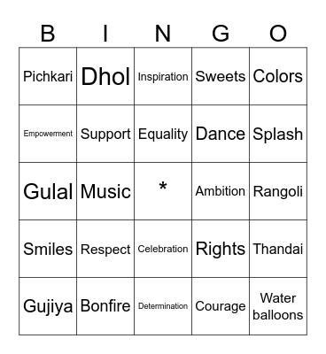 Gujiya Respect Equality Courage Colors Pichkari Dhol Inspiration Ambition Rangoli Gulal Support Rights Thandai Empowerment Bonfire Determination Sweets Splash Smiles Music Celebration Dance Water balloons Bingo Card
