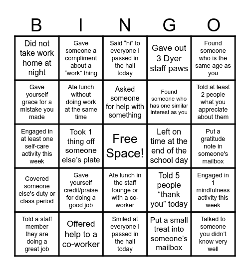 STAFF BINGO Card