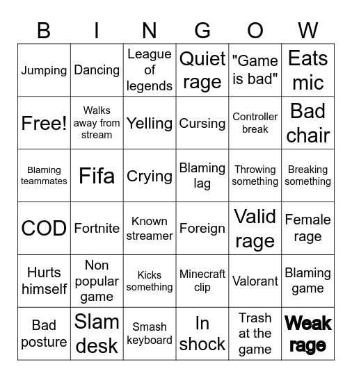 gamer rage bingo Card