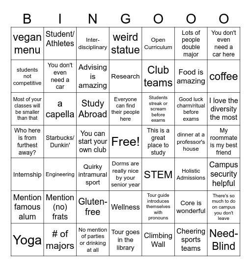 College Visit Bingo Card