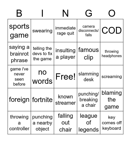 gamer rage bingo Card