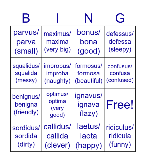Latin Adjectives Bingo Card