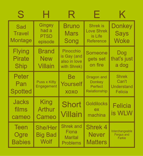 Shrek Bingo Card