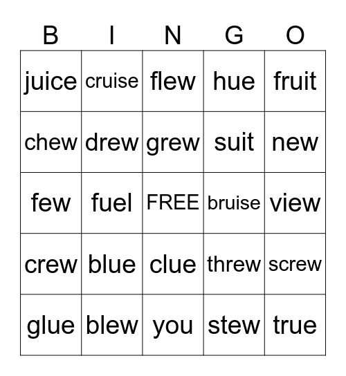 Long u Vowel Team Bingo Card