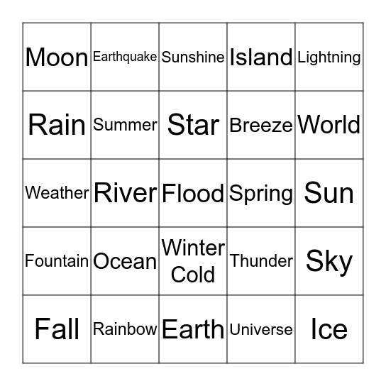 ASL Bingo: Nature Bingo Card