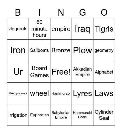 Ancient Mesopotamia Bingo Card