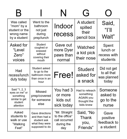 Student BINGO Phrases/Actions Bingo Card