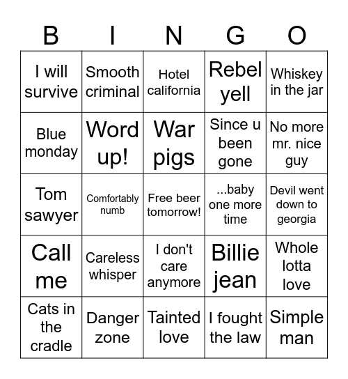 Rock Covers Bingo Card