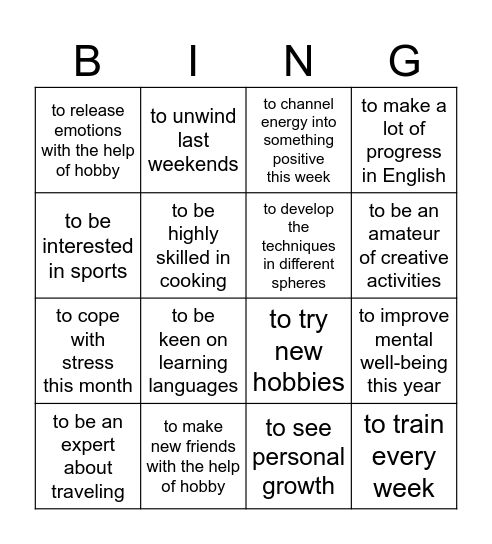 hobbies Bingo Card