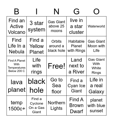 Space Engine Bingo Card