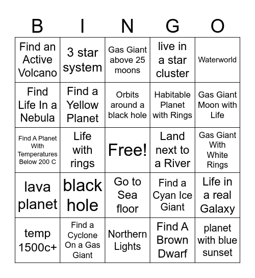Space Engine Bingo Card