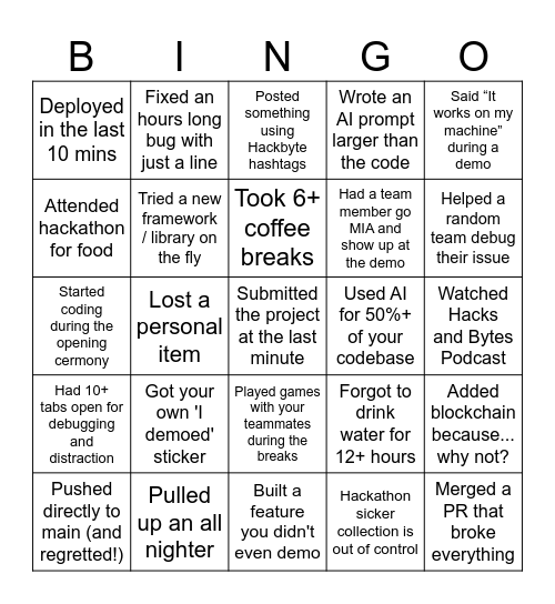 HackByte 3.0 Bingo Card
