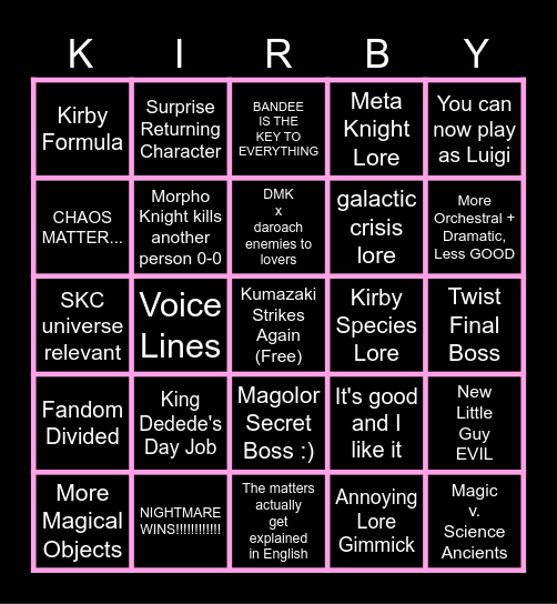 NEW KIRBY BINGO REAL Bingo Card