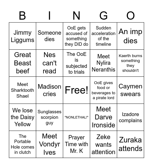 Call of the Nine Bingo Card