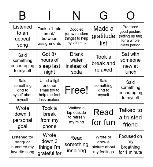 Self-Care Bingo * Shack JH Hope Week Bingo Card