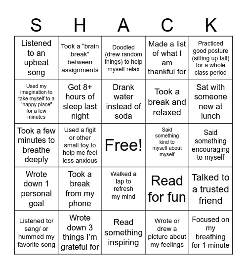 Self-Care Bingo * Shack JH Hope Week Bingo Card