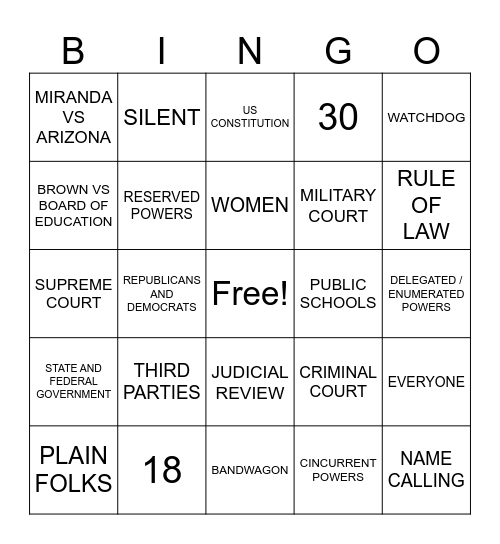CIVICS Q3 REVIEW BINGO Card