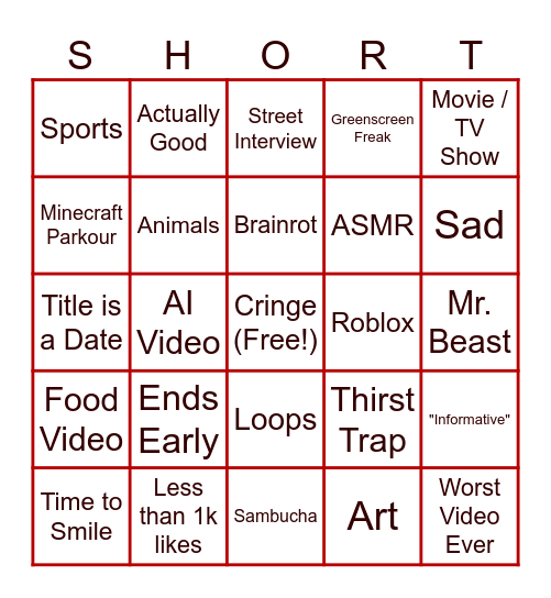 Youtube Shorts Bingo Card