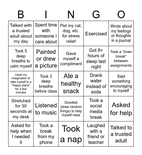 Self-Care Bingo - Shack JH Hope Week Bingo Card
