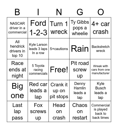 NASCAR Bingo Card