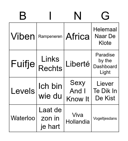 Foute Muziek Bingo Card