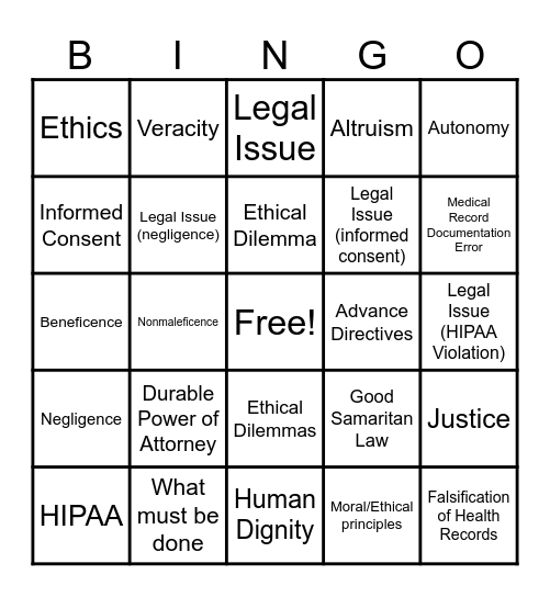 ETHICAL AND LEGAL CONSIDERATIONS Bingo Card
