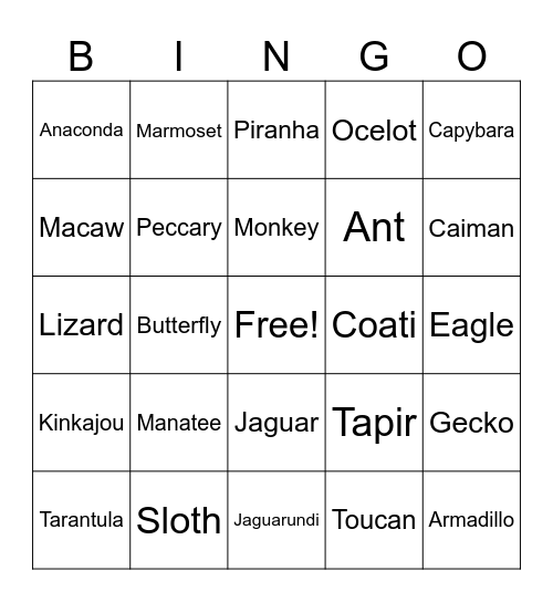 Rainforest Animal Bingo Card