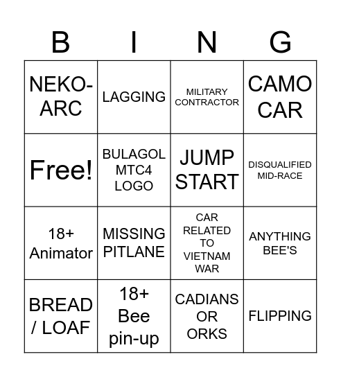Biz Nascar Bingo Card