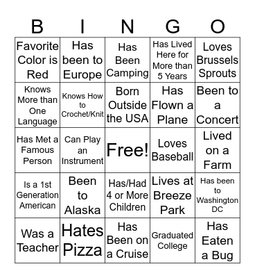 Getting to Know You Bingo Card