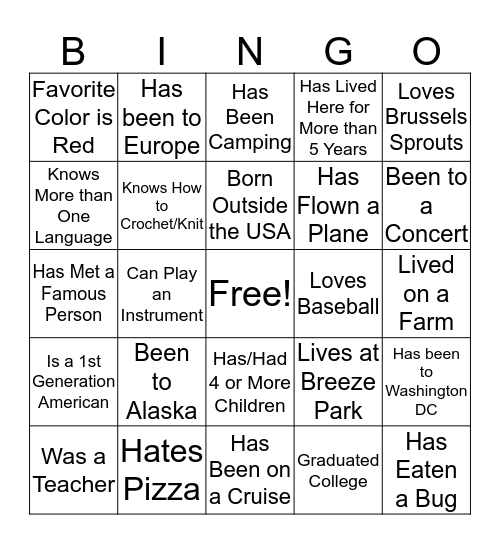 Getting to Know You Bingo Card