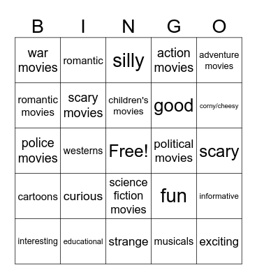 Movie Genres & Adjectives Bingo Card
