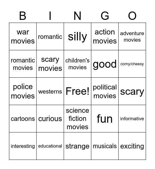 Movie Genres & Adjectives Bingo Card