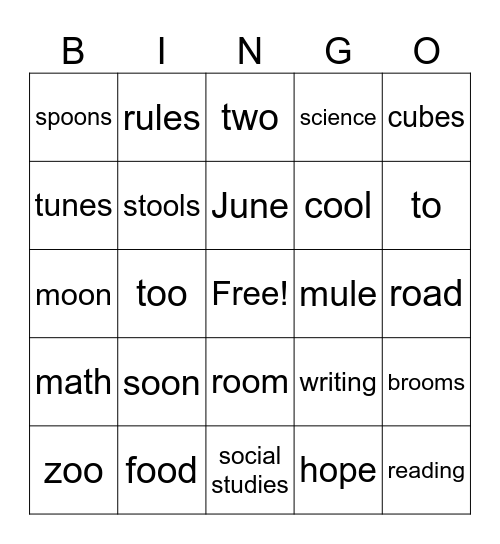 Spelling Bingo Card
