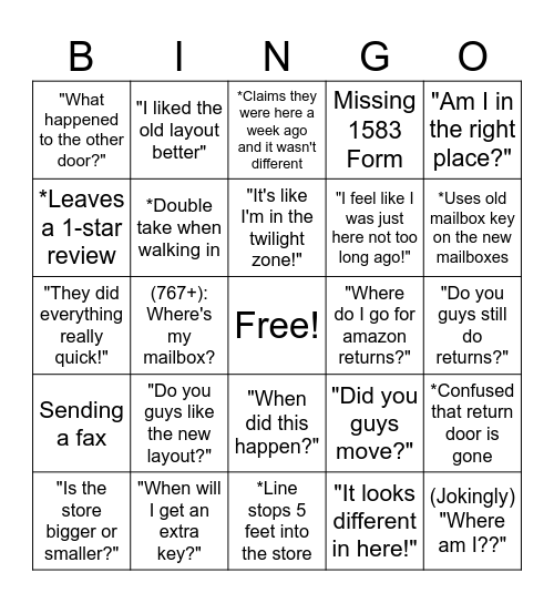 UPS Remodel Bingo Card
