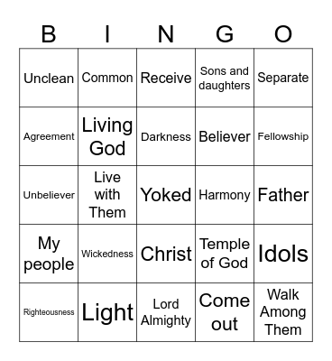 2 Corinthians 6:14-18 Bingo Card