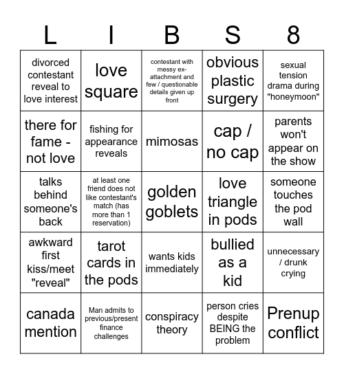 Love is Blind Season 8 Bingo Card