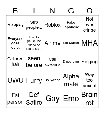 Cringe Bingo Card