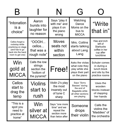 Orchestra Bingo Card