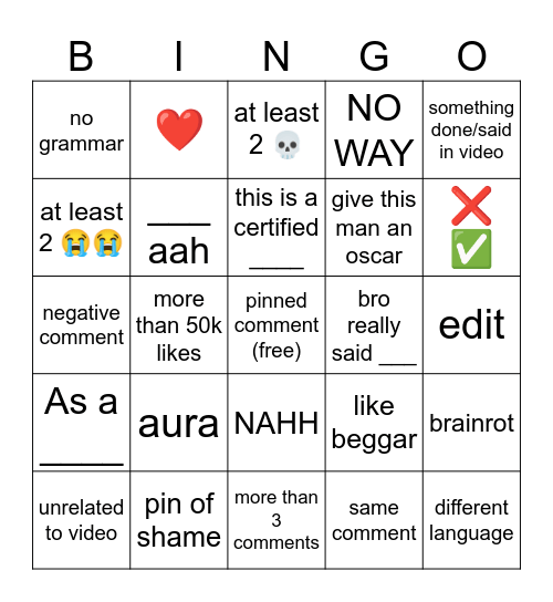 YT Comment Bingo Card