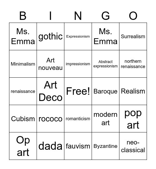Art Movements Bingo Card