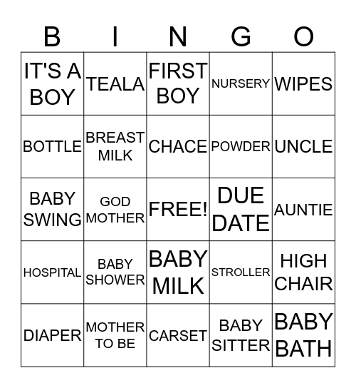 KAYDEN BABY SHOWER Bingo Card