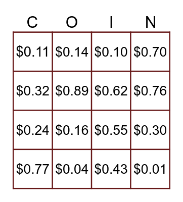 Let's Count Coins! Bingo Card