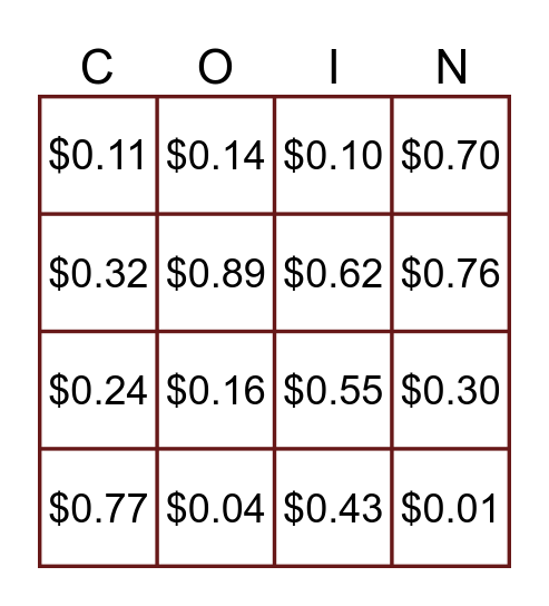 Let's Count Coins! Bingo Card