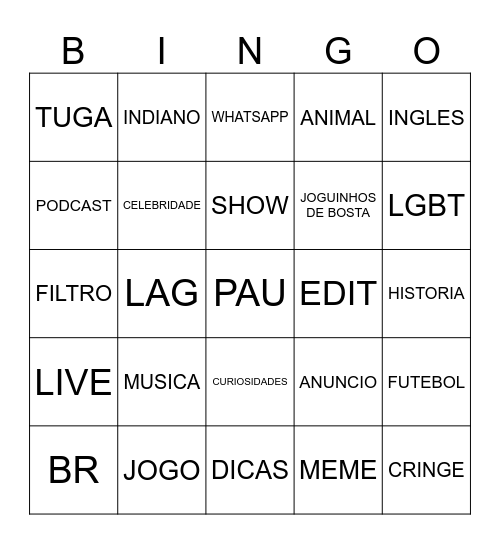 SHORTS BINGO Card