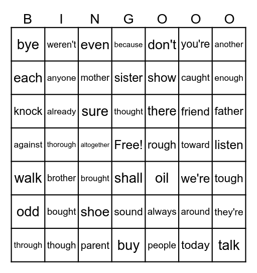 3rd Grade Red Words Bingo Card