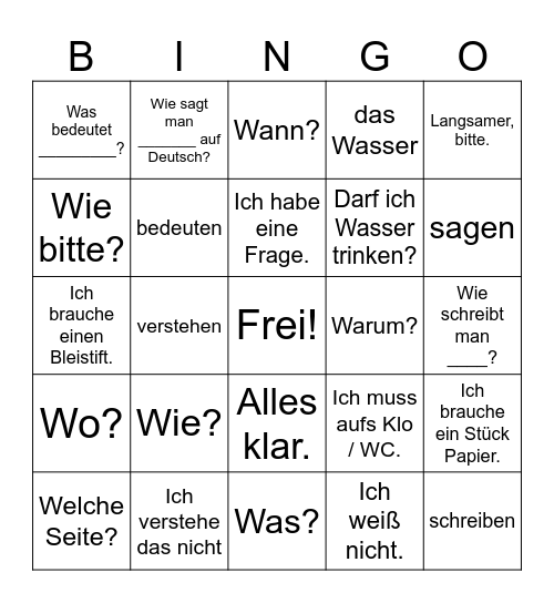 German Classroom Phrases Bingo Card