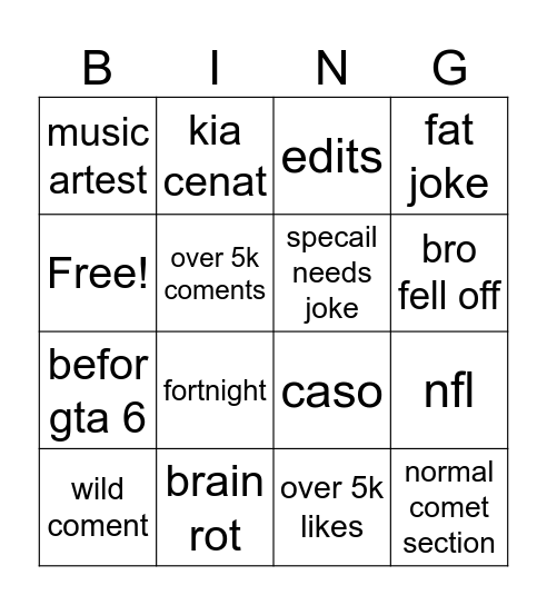 yt shorts Bingo Card