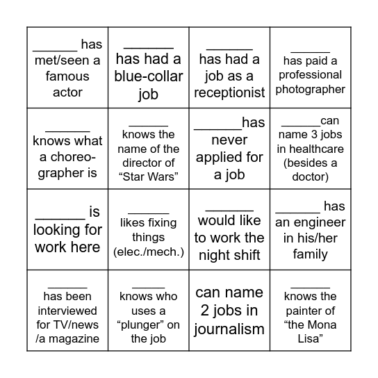 Jobs BINGO Card