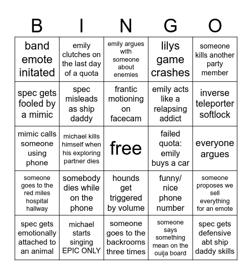 lethal company bingo Card